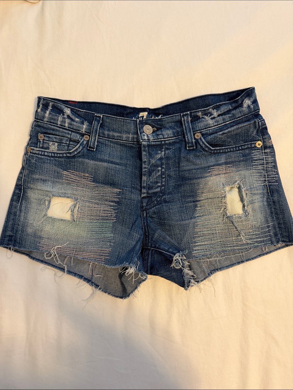 7 For All Mankind Distressed Dark Blue Jean Shorts
